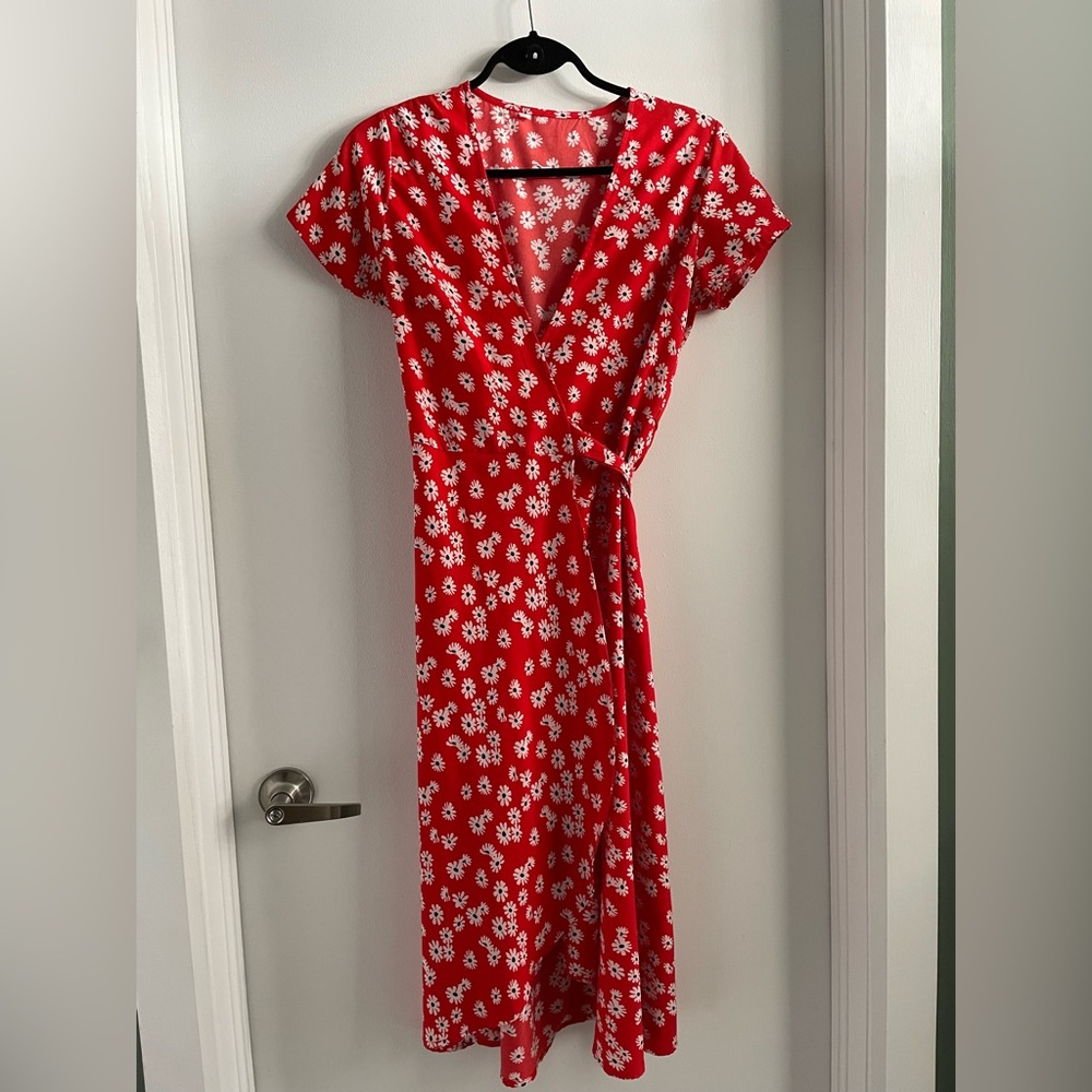 Red Floral Wrap Dress with Tie Waist - Women